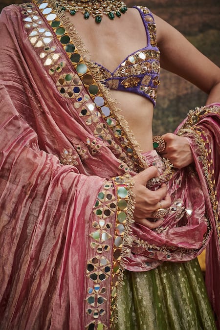 Buy_Itrh_Green Velvet, Tissue, Chanderi Mirrors Azal Sheesh Embroidered Lehenga Set _Online_at_Aza_Fashions