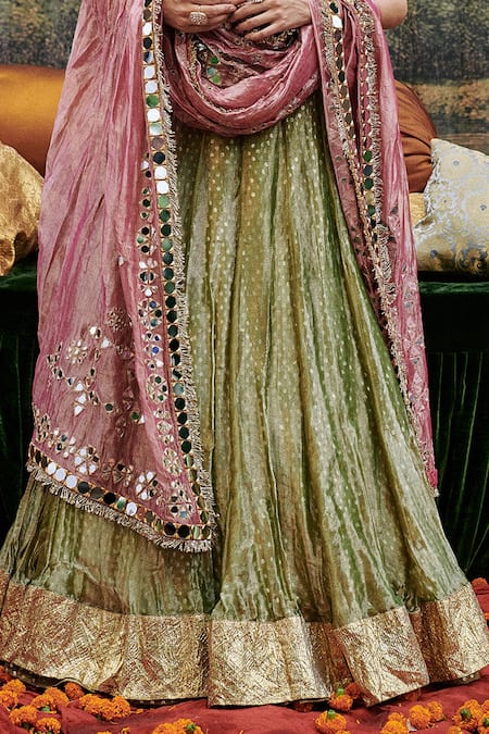 Shop_Itrh_Green Velvet, Tissue, Chanderi Mirrors Azal Sheesh Embroidered Lehenga Set _Online_at_Aza_Fashions