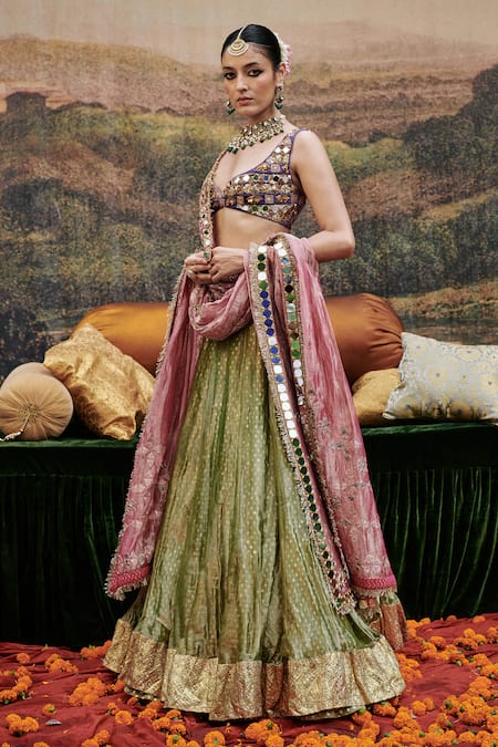 Itrh_Green Velvet, Tissue, Chanderi Mirrors Azal Sheesh Embroidered Lehenga Set _at_Aza_Fashions