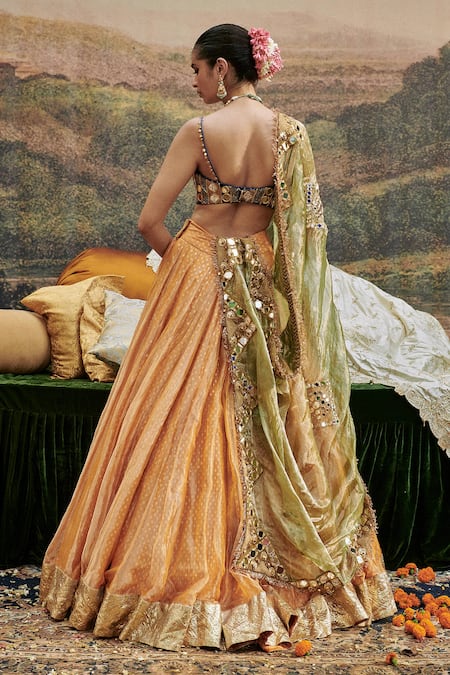 Shop_Itrh_Orange Chanderi, Tissue Mirrors Sweetheart Neck Ina Sheesh Work Lehenga Set _at_Aza_Fashions