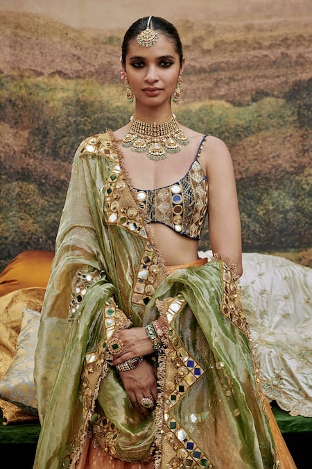 Itrh_Orange Chanderi, Tissue Mirrors Sweetheart Neck Ina Sheesh Work Lehenga Set _Online_at_Aza_Fashions