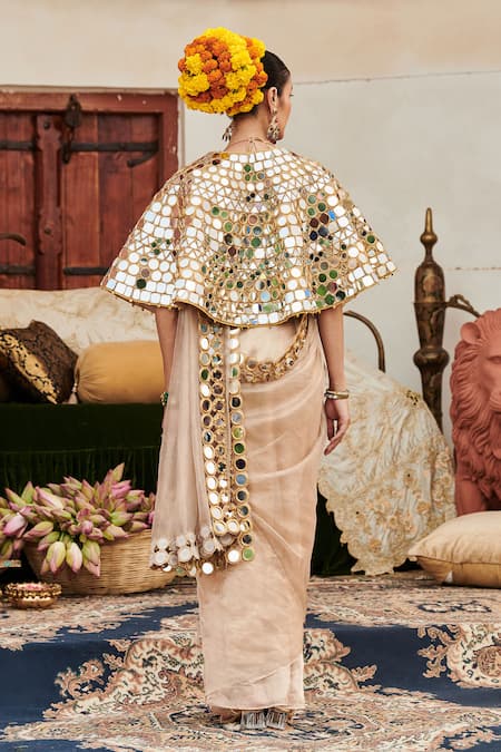 Shop_Itrh_Beige Tissue, Chanderi Mirrors, Beads Mradul Aayna Cape And Saree Set _at_Aza_Fashions