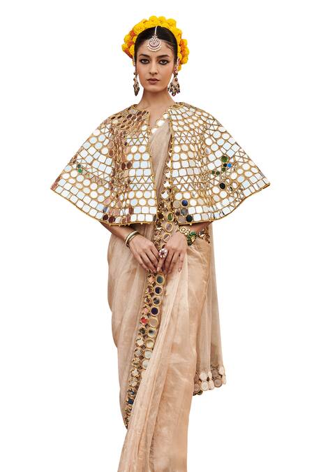 Itrh_Beige Tissue, Chanderi Mirrors, Beads Mradul Aayna Cape And Saree Set _Online_at_Aza_Fashions