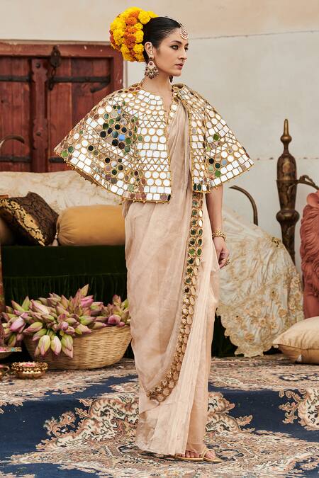 Buy_Itrh_Beige Tissue, Chanderi Mirrors, Beads Mradul Aayna Cape And Saree Set _Online_at_Aza_Fashions