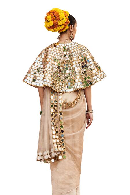 Shop_Itrh_Beige Tissue, Chanderi Mirrors, Beads Mradul Aayna Cape And Saree Set _Online_at_Aza_Fashions