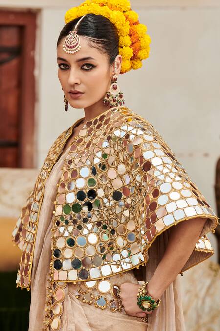 Itrh_Beige Tissue, Chanderi Mirrors, Beads Mradul Aayna Cape And Saree Set _at_Aza_Fashions