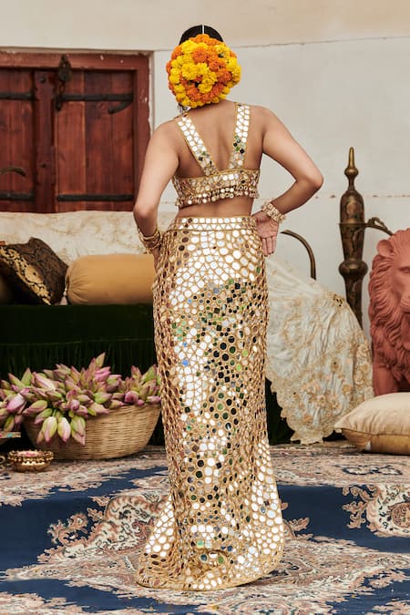 Shop_Itrh_Gold Chanderi Mirrors Crew Neck Ibaarat Aayna Embroidered Blouse And Skirt Set _at_Aza_Fashions