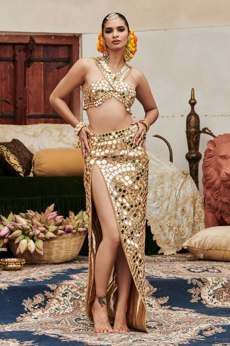 Itrh_Gold Chanderi Mirrors Crew Neck Ibaarat Aayna Embroidered Blouse And Skirt Set _at_Aza_Fashions