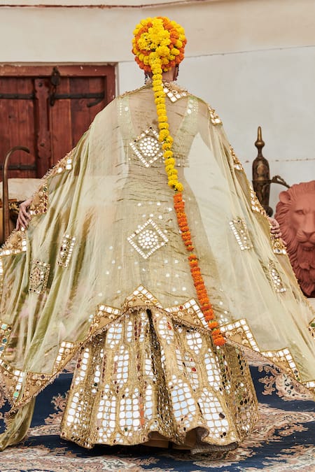 Shop_Itrh_Gold Chanderi, Tissue, Lurex Mirrors Plunge Neck Aayna Embroidered Lehenga Set _at_Aza_Fashions