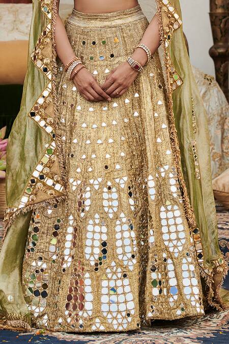 Itrh_Gold Chanderi, Tissue, Lurex Mirrors Plunge Neck Aayna Embroidered Lehenga Set _Online_at_Aza_Fashions