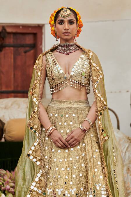 Buy_Itrh_Gold Chanderi, Tissue, Lurex Mirrors Plunge Neck Aayna Embroidered Lehenga Set _Online_at_Aza_Fashions