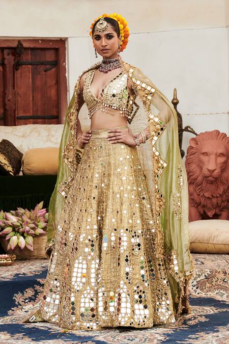 Shop_Itrh_Gold Chanderi, Tissue, Lurex Mirrors Plunge Neck Aayna Embroidered Lehenga Set _Online_at_Aza_Fashions