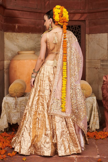 Shop_Itrh_Rose Gold Lurex, Chanderi, Organza, Lace Gota Padmaswarna Lampi Lehenga Set _at_Aza_Fashions