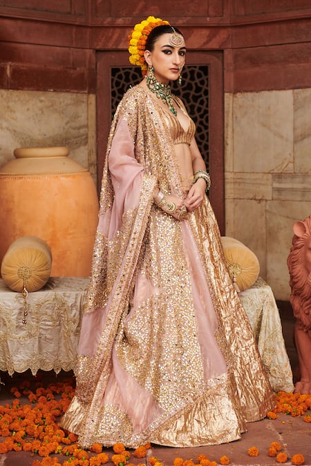 Shop_Itrh_Rose Gold Lurex, Chanderi, Organza, Lace Gota Padmaswarna Lampi Lehenga Set _Online_at_Aza_Fashions