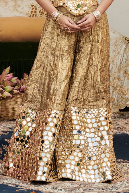 Itrh_Gold Lurex, Chanderi, Organza Mirrors Sawarna Aayna Work Corset Sharara Set _Online_at_Aza_Fashions