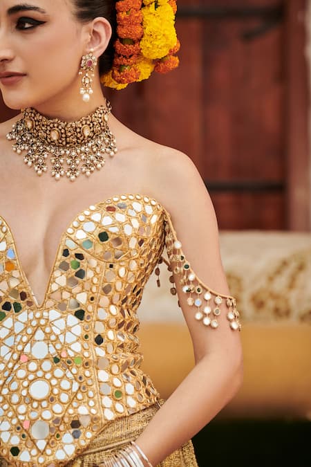 Shop_Itrh_Gold Lurex, Chanderi, Organza Mirrors Sawarna Aayna Work Corset Sharara Set _Online_at_Aza_Fashions
