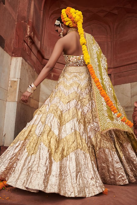 Itrh Chandi Sona Mirror Work Blouse Chevron Pattern Lehenga Set 