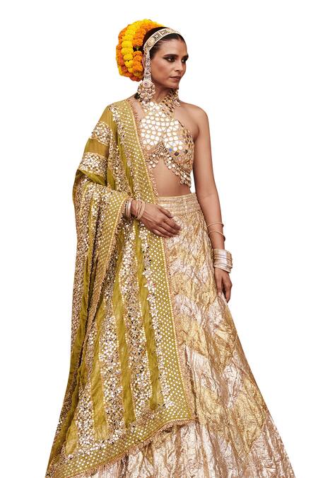 Itrh_Silver Lace, Chanderi, Chandi Sona Work Blouse Chevron Pattern Lehenga Set _Online_at_Aza_Fashions