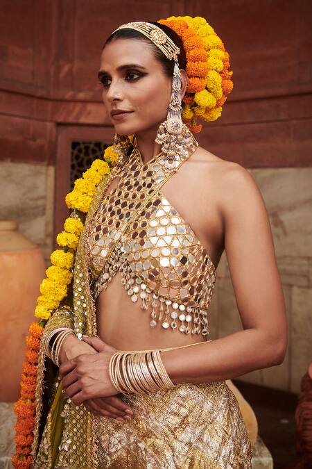 Shop_Itrh_Silver Lace, Chanderi, Chandi Sona Work Blouse Chevron Pattern Lehenga Set _Online_at_Aza_Fashions