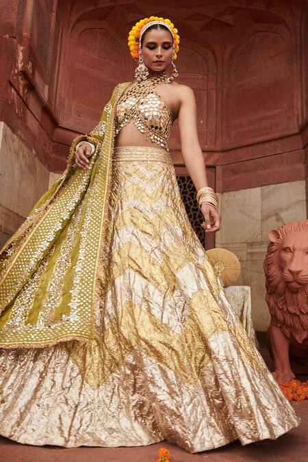 Itrh_Silver Lace, Chanderi, Chandi Sona Work Blouse Chevron Pattern Lehenga Set _at_Aza_Fashions