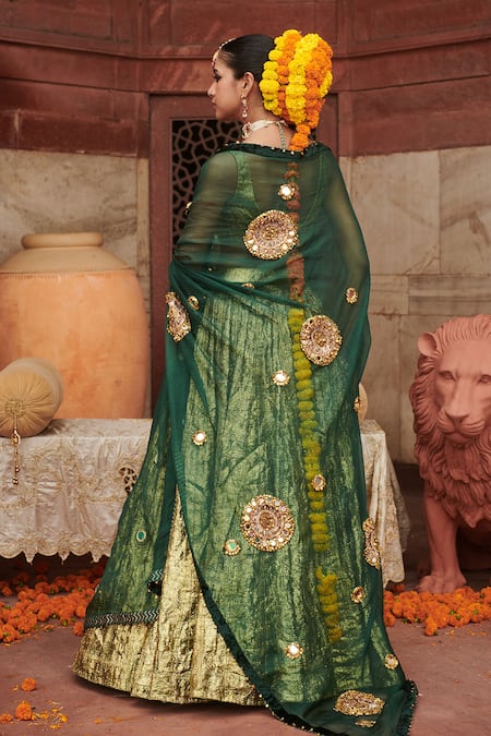 Shop_Itrh_Green Lurex, Organza, Chanderi Embroidery Square Neck Pushp Lampi Lehenga Set _at_Aza_Fashions