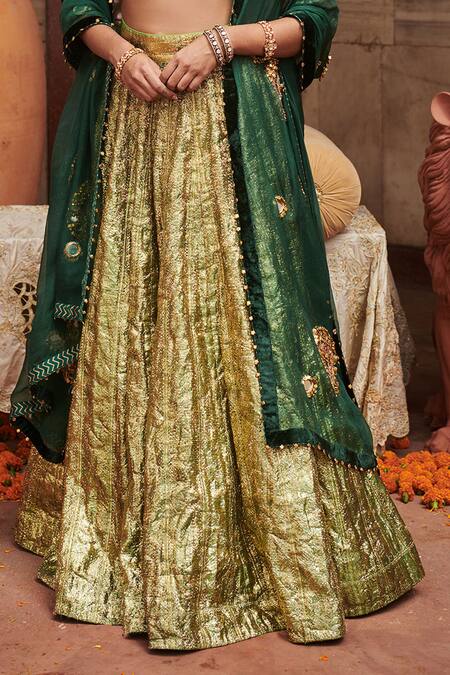 Itrh_Green Lurex, Organza, Chanderi Embroidery Square Neck Pushp Lampi Lehenga Set _Online_at_Aza_Fashions