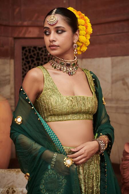 Shop_Itrh_Green Lurex, Organza, Chanderi Embroidery Square Neck Pushp Lampi Lehenga Set _Online_at_Aza_Fashions