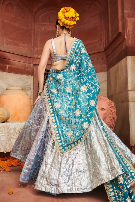 Shop_Itrh_Blue Chanderi, Organza, Lace Mirrors, Gota Patti Aasmani Lampi Lehenga Set _at_Aza_Fashions