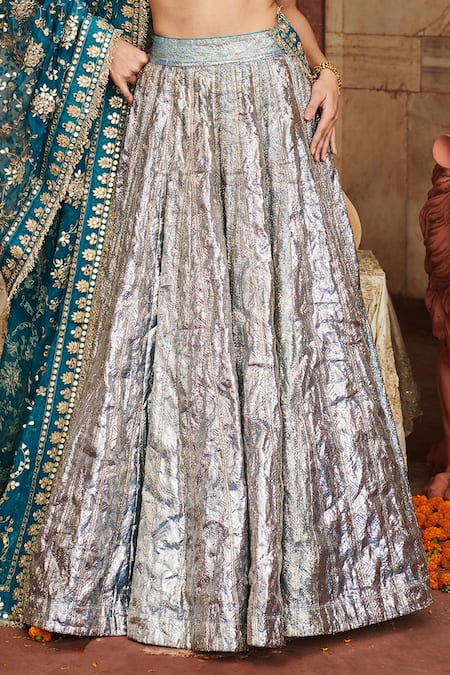 Itrh_Blue Chanderi, Organza, Lace Mirrors, Gota Patti Aasmani Lampi Lehenga Set _Online_at_Aza_Fashions