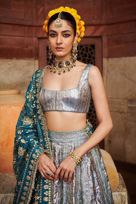 Buy_Itrh_Blue Chanderi, Organza, Lace Mirrors, Gota Patti Aasmani Lampi Lehenga Set _Online_at_Aza_Fashions