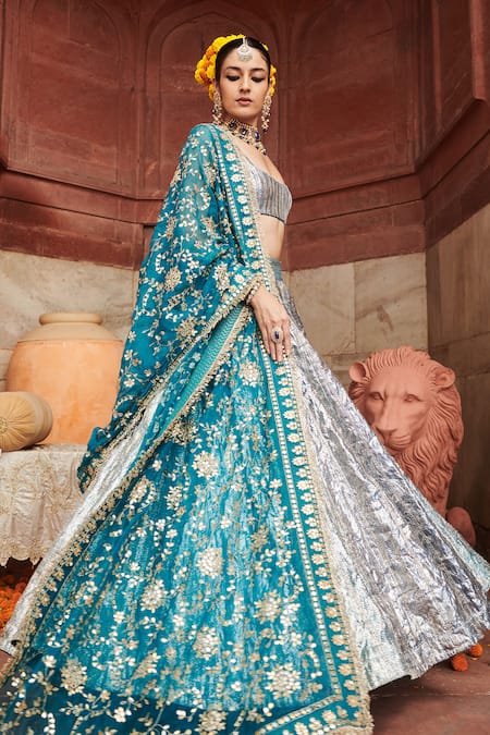 Itrh_Blue Chanderi, Organza, Lace Mirrors, Gota Patti Aasmani Lampi Lehenga Set _at_Aza_Fashions