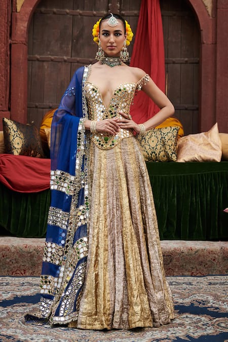 Itrh Gold Lehenga And Blouse Lampi Gota & Chanderi Sona Color Blocked Set 