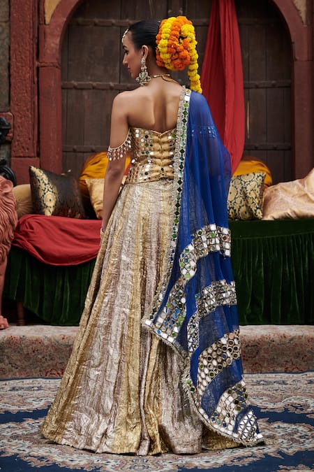 Itrh Chandi Sona Mirror Embroidered Color Blocked Lehenga Set 