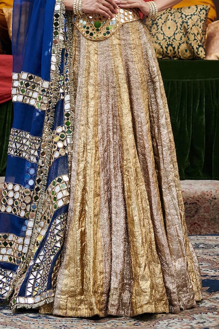 Itrh_Gold Lurex, Chanderi, Organza Chandi Sona Embroidered Color Blocked Lehenga Set _Online_at_Aza_Fashions
