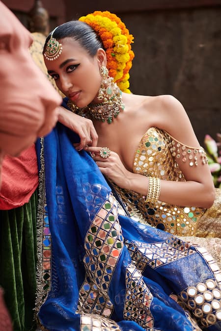 Buy_Itrh_Gold Lurex, Chanderi, Organza Chandi Sona Embroidered Color Blocked Lehenga Set _Online_at_Aza_Fashions