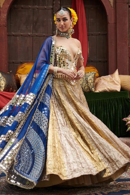 Shop_Itrh_Gold Lurex, Chanderi, Organza Chandi Sona Embroidered Color Blocked Lehenga Set _Online_at_Aza_Fashions