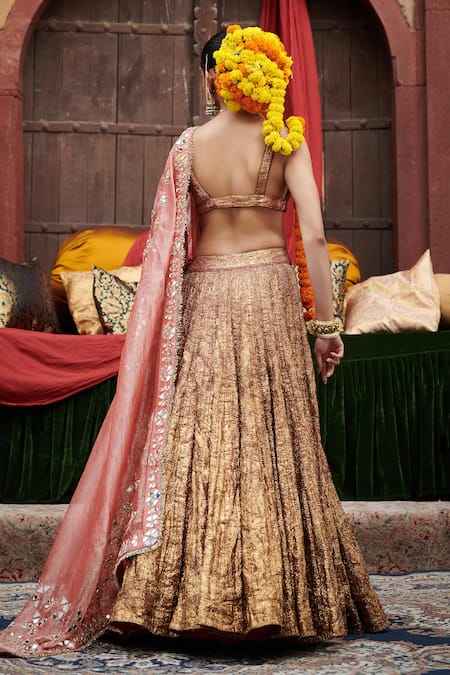 Shop_Itrh_Maroon Lace, Lurex, Organza Mirrors Plunge Neck Rakhta Lampi Flared Lehenga Set _at_Aza_Fashions