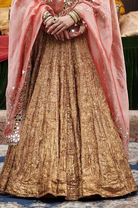Itrh_Maroon Lace, Lurex, Organza Mirrors Plunge Neck Rakhta Lampi Flared Lehenga Set _Online_at_Aza_Fashions