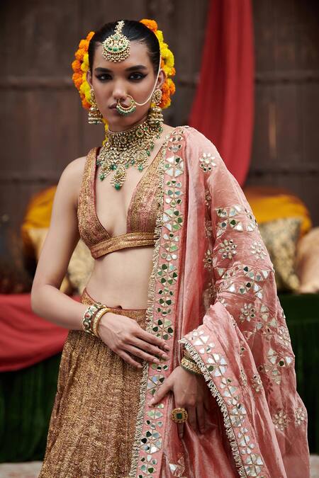 Buy_Itrh_Maroon Lace, Lurex, Organza Mirrors Plunge Neck Rakhta Lampi Flared Lehenga Set _Online_at_Aza_Fashions