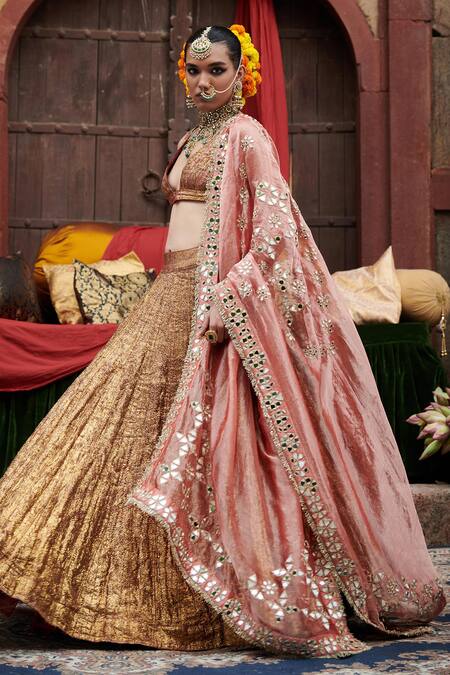 Shop_Itrh_Maroon Lace, Lurex, Organza Mirrors Plunge Neck Rakhta Lampi Flared Lehenga Set _Online_at_Aza_Fashions