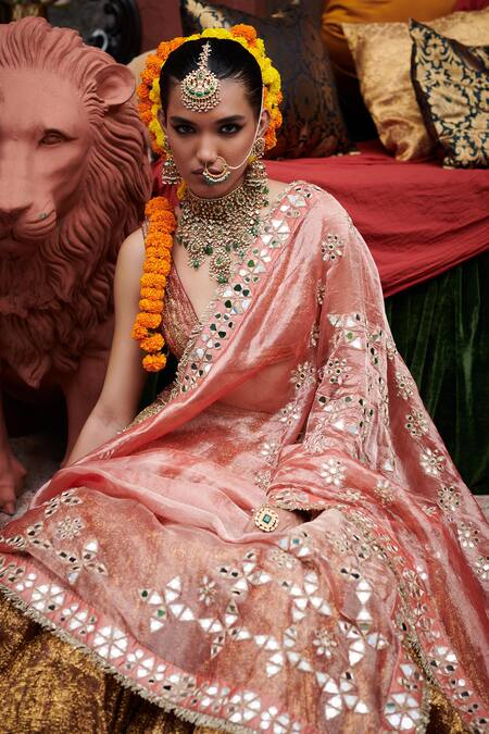 Itrh_Maroon Lace, Lurex, Organza Mirrors Plunge Neck Rakhta Lampi Flared Lehenga Set _at_Aza_Fashions