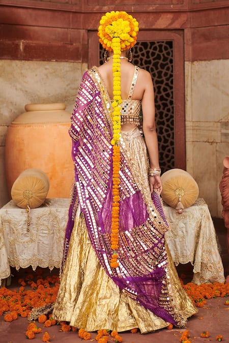 Shop_Itrh_Maroon Lace, Chanderi, Organza Chandi Sona Color Blocked Lampi Lehenga Set _at_Aza_Fashions