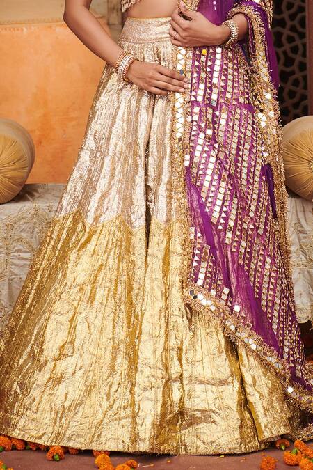 Itrh_Maroon Lace, Chanderi, Organza Chandi Sona Color Blocked Lampi Lehenga Set _Online_at_Aza_Fashions