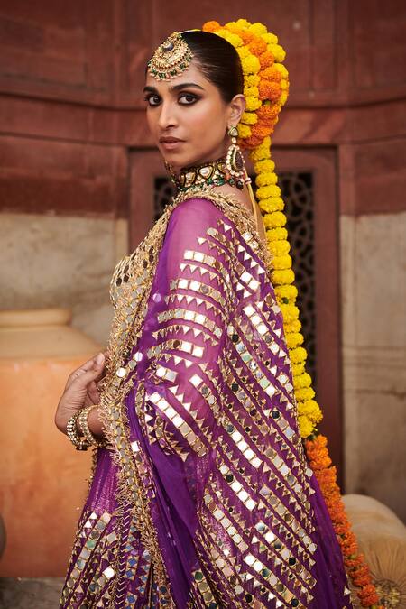 Buy_Itrh_Maroon Lace, Chanderi, Organza Chandi Sona Color Blocked Lampi Lehenga Set _Online_at_Aza_Fashions