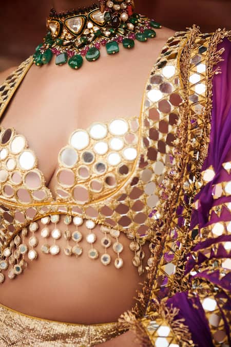 Shop_Itrh_Maroon Lace, Chanderi, Organza Chandi Sona Color Blocked Lampi Lehenga Set _Online_at_Aza_Fashions