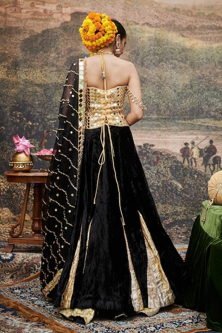 Shop_Itrh_Black , Chanderi, Velvet, Organza Mirrors, Surmayi Godet Lehenga Set _at_Aza_Fashions