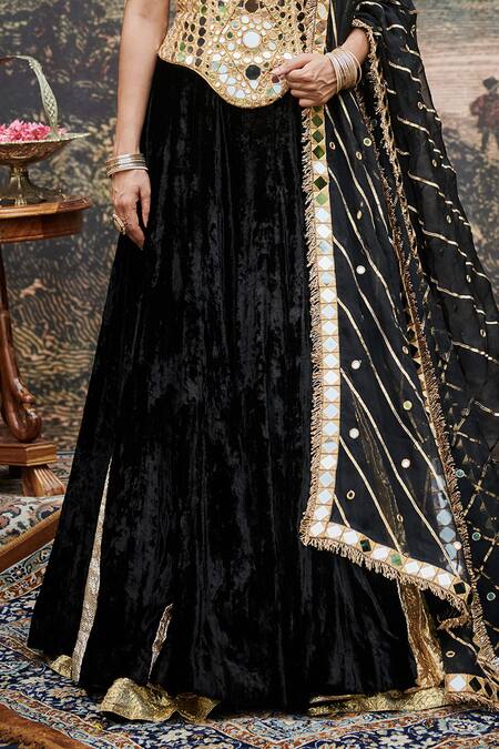 Itrh_Black , Chanderi, Velvet, Organza Mirrors, Surmayi Godet Lehenga Set _Online_at_Aza_Fashions