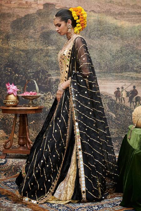Buy_Itrh_Black , Chanderi, Velvet, Organza Mirrors, Surmayi Godet Lehenga Set _Online_at_Aza_Fashions