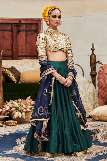 Itrh Zamurd Raw Silk Godet Lampi Lehenga Set 