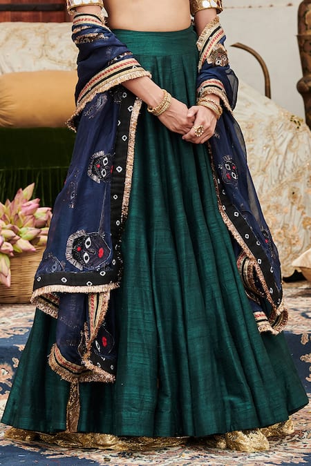 Itrh_Green Leather, Lace, Chanderi, Organza Zamurd Raw Silk Godet Lampi Lehenga Set_Online_at_Aza_Fashions